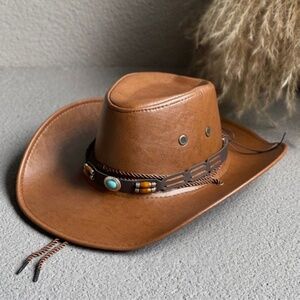 Women’s Tan Cowboy Western Bucket Rodeo Faux-Leather Hat with leather blue sto